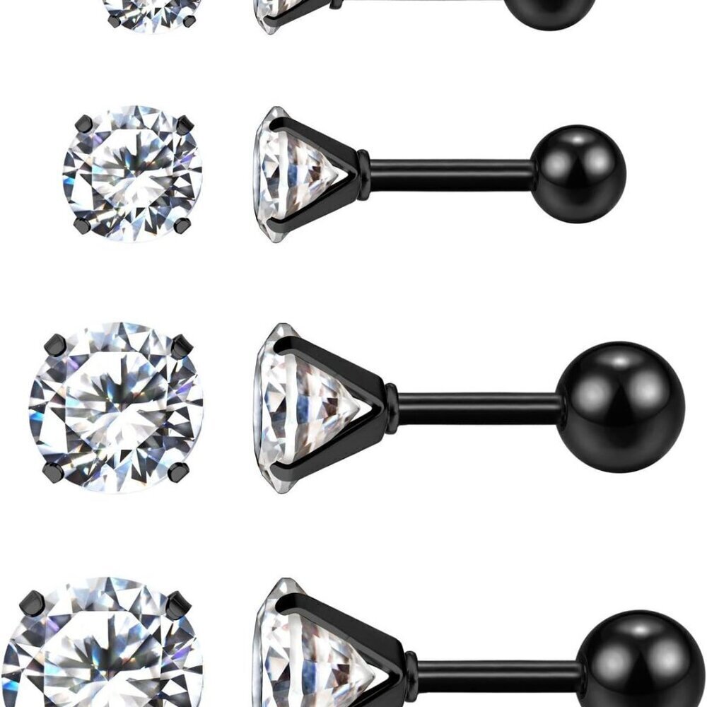 Stainless Steel Screw Back Barbell Earrings | 4 Pairs in Various Sizes and CZ - Picture 2 of 7
